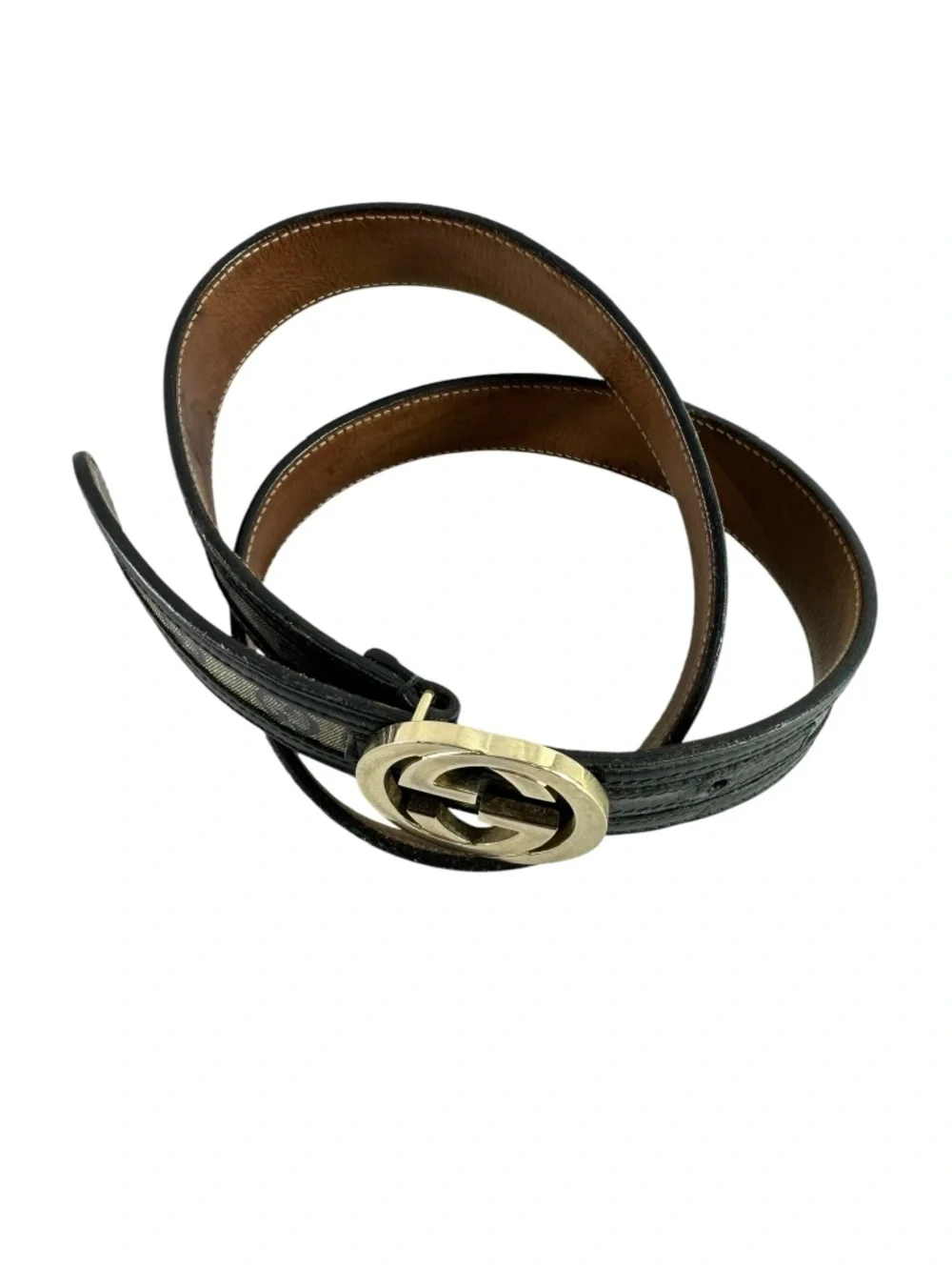 Genuine Vintage GUCCI Black Leather Canvas Interlocking GG Gold Buckle Belt 34